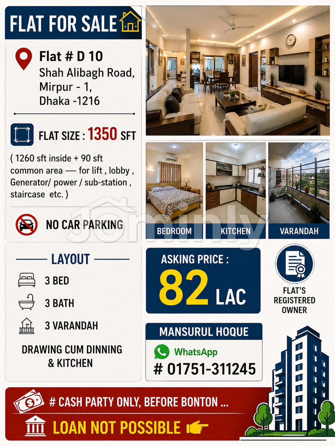 3 BHK Top-Tier Apartment with Three Verandahs on a Premium Floor at Shah Alibagh Road, Mirpur 1