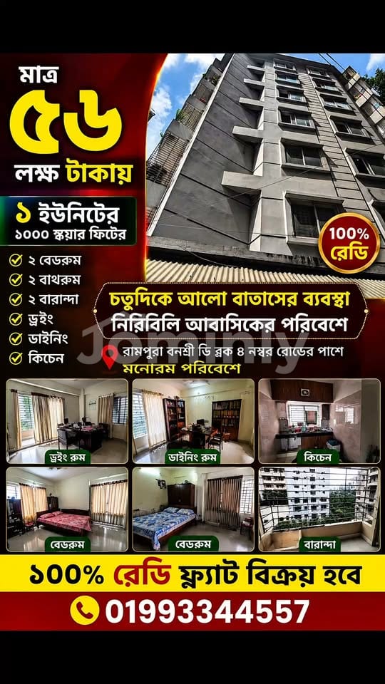 1,000 SQFT (92.90 SQM) Ready Apartment for Sale | Bhuiyapara, Banasree D Block, Rampura | 3rd Floor | 2 Bedrooms - 5