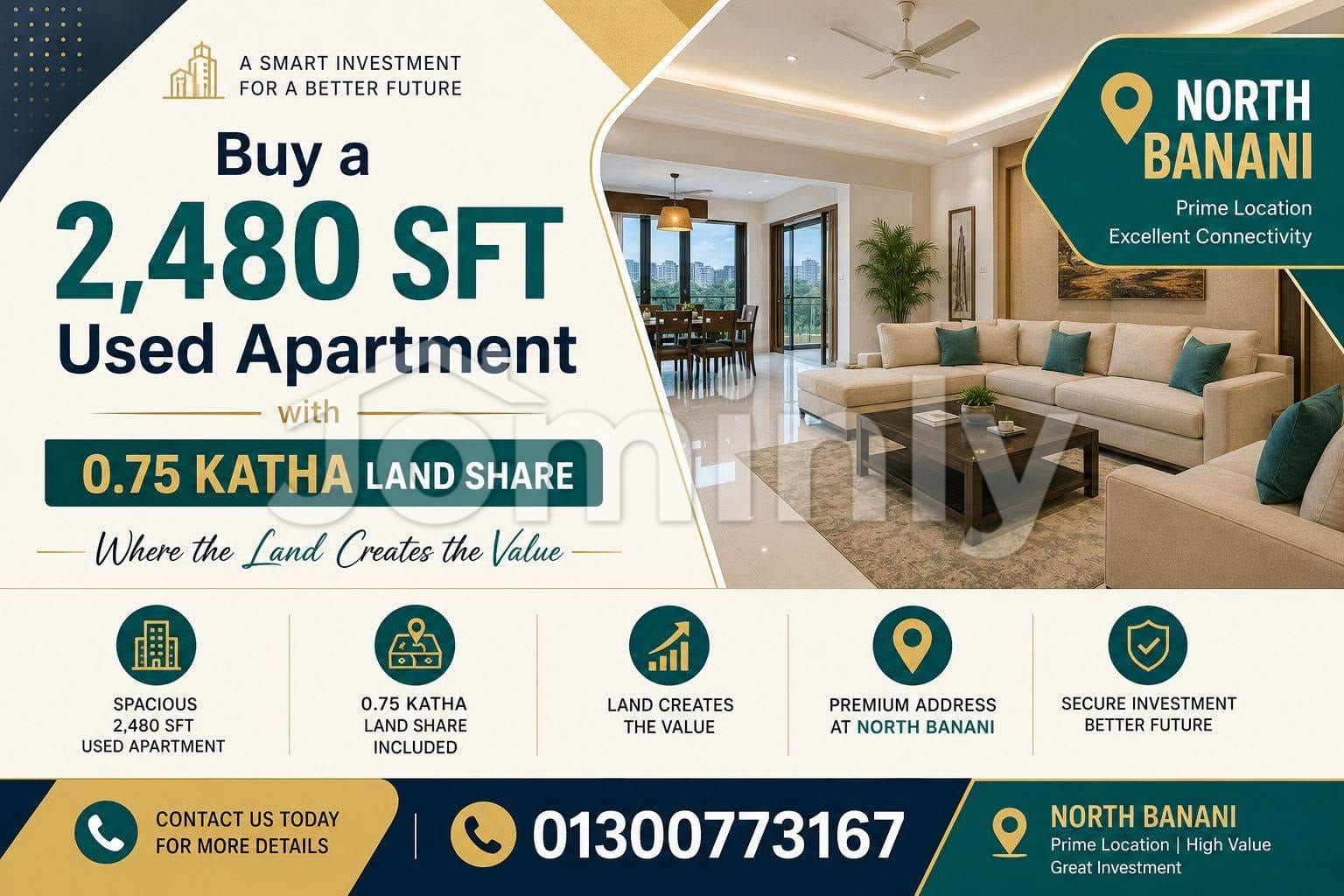 2480 SQFT 3-Bedroom Corner Used Apartment with Land Share for Sale | Prime North Banani, Dhaka | Titas Gas & Parking