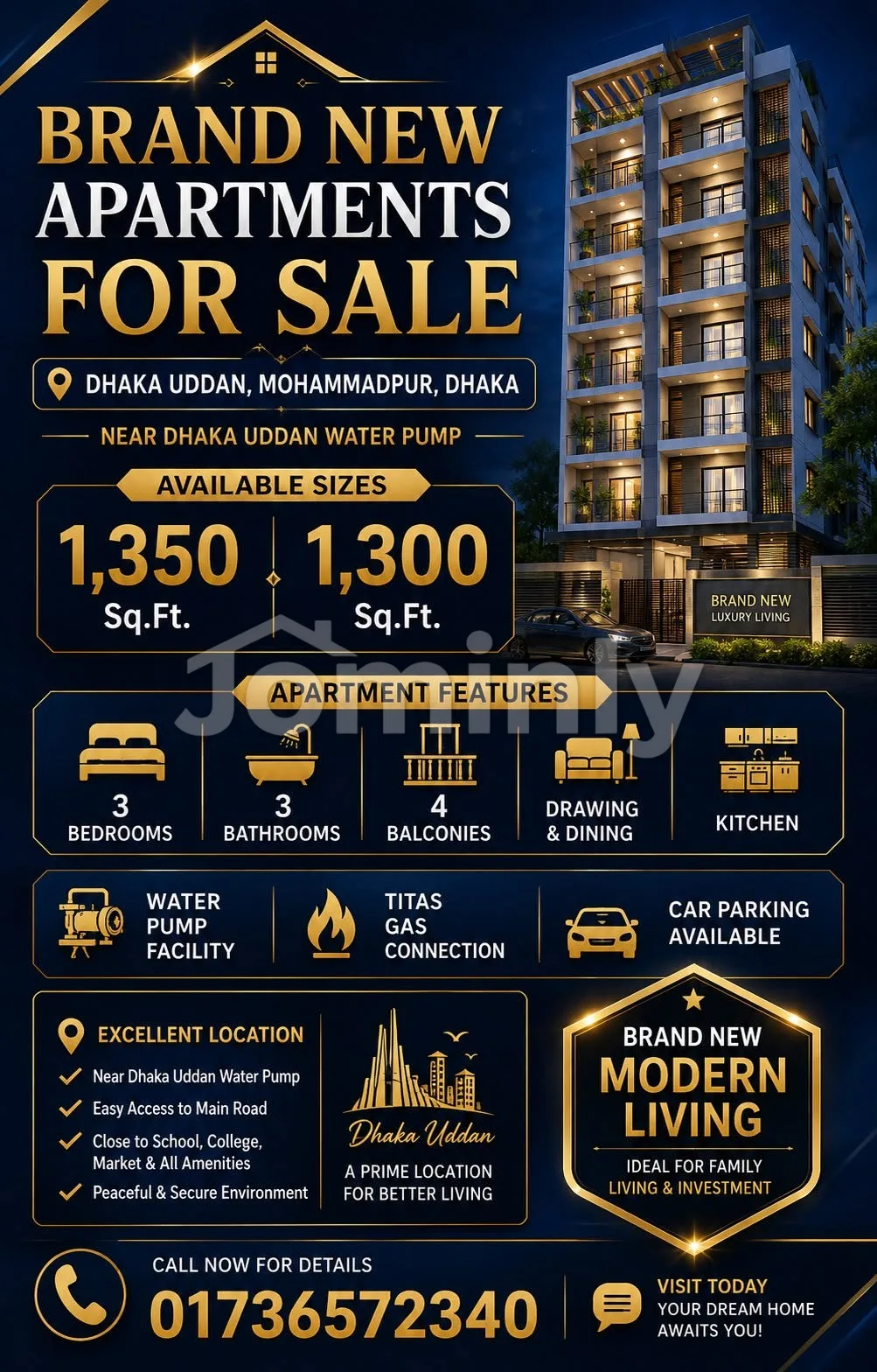 Brand New 1350 Sqft 3 Bed Apartment For Sale Near Water Pump Dhaka Uddan Mohammadpur With Gas