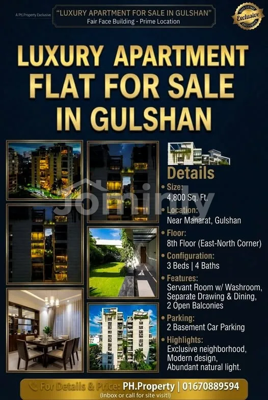 Exclusive 4,800 SQFT 3 BHK East-North Corner Luxury Apartment for Sale | 8th Floor, Near Manarat, Gulshan, Dhaka